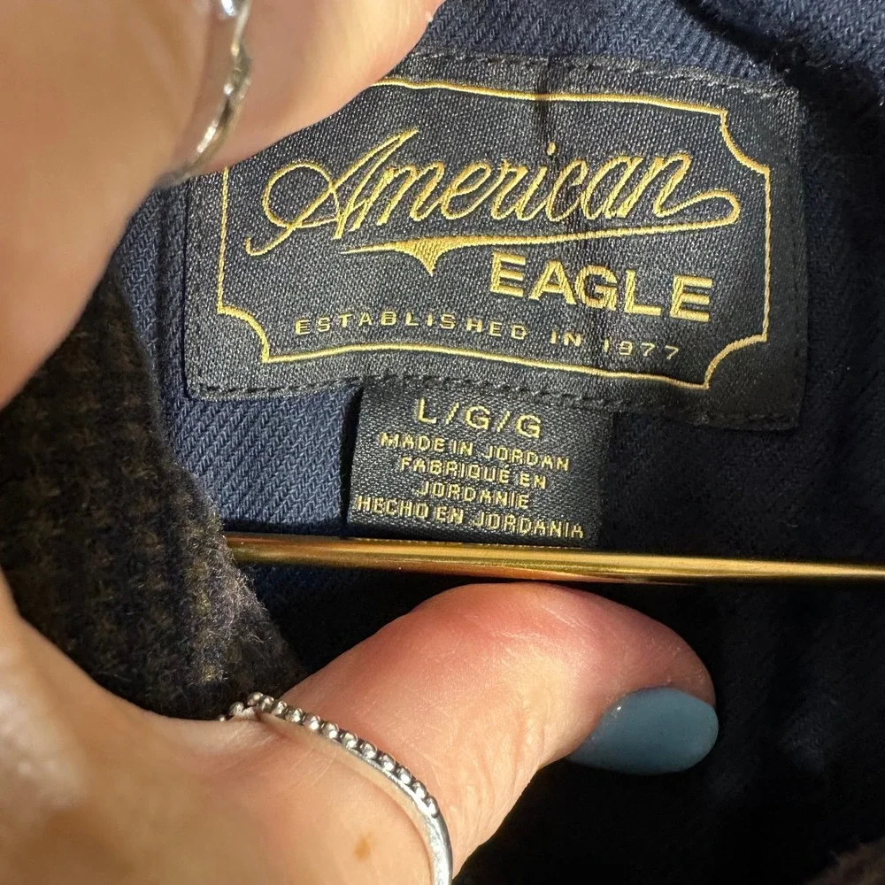 NEW American Eagle Mens Brown Wool Blend Full Zip Harrington Jacket Large Check